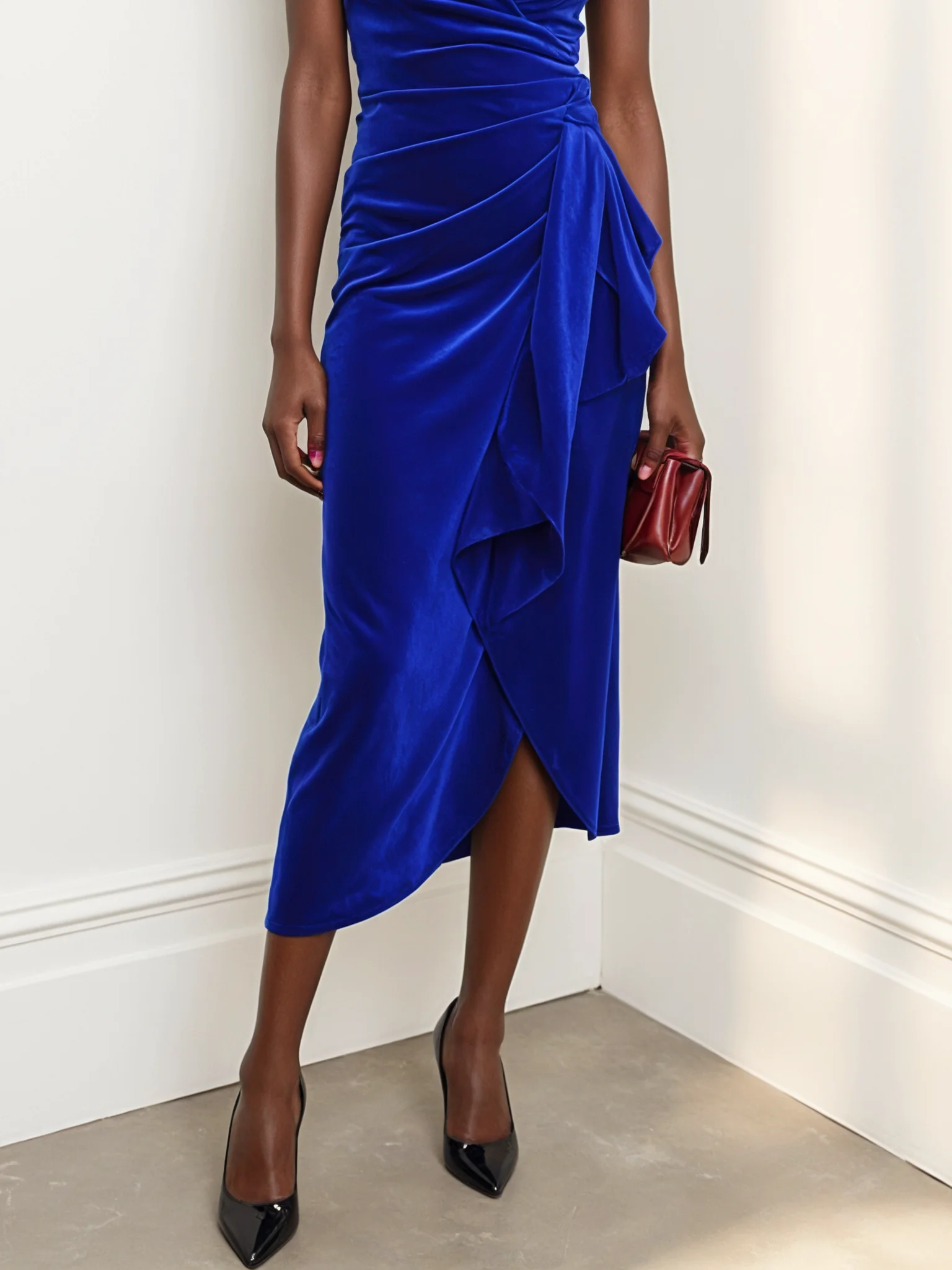 Blue Ruched Velvet V Neck Cap Sleeve A-Line Maxi Dress