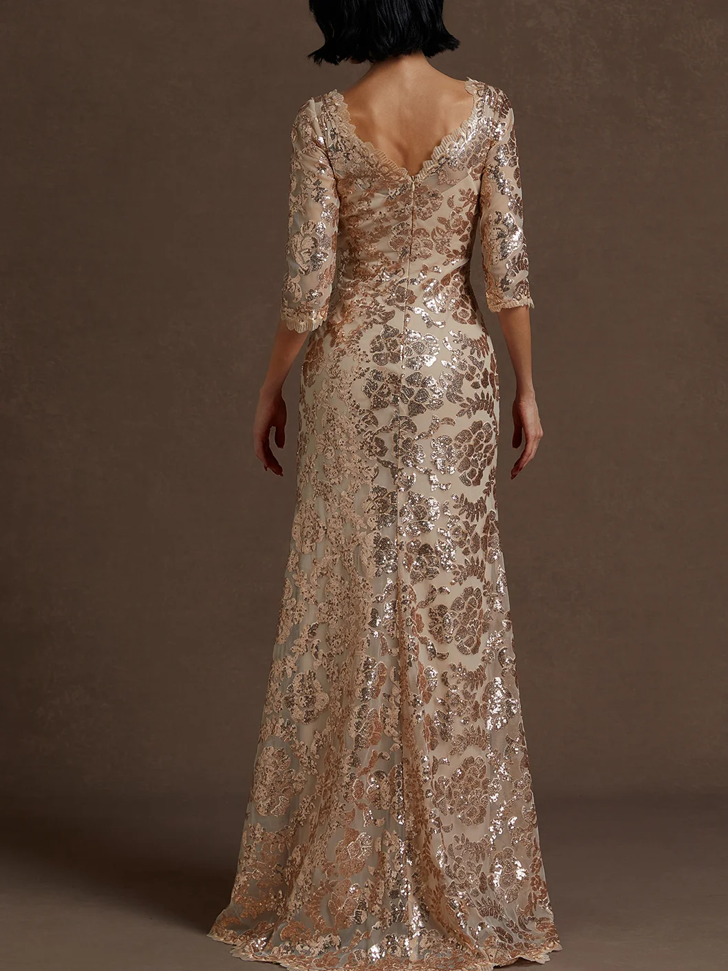 Rose Gold Sequin Crew Neck Three Quarter Sleeve Sheath Gown