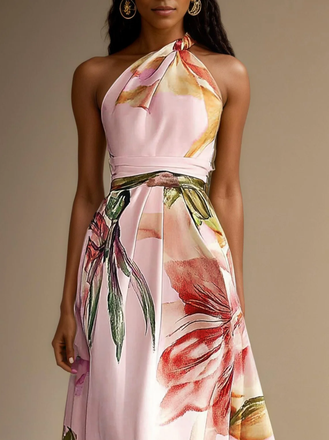 Pink Floral Satin One Shoulder Sleeveless A-Line Maxi Dress