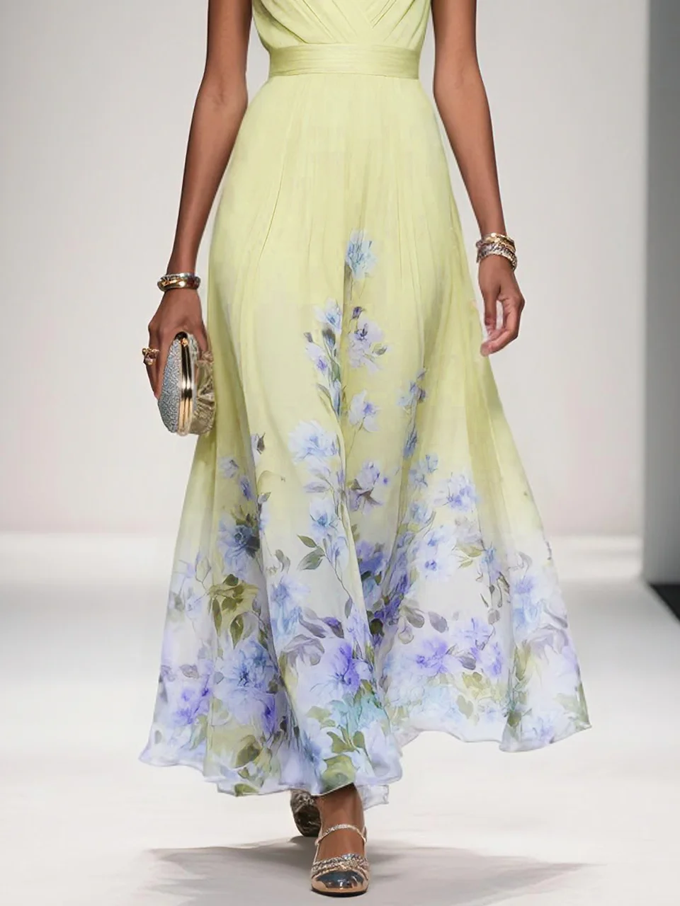 Light Blue Floral Chiffon V Neck Sleeveless A-Line Maxi Dress