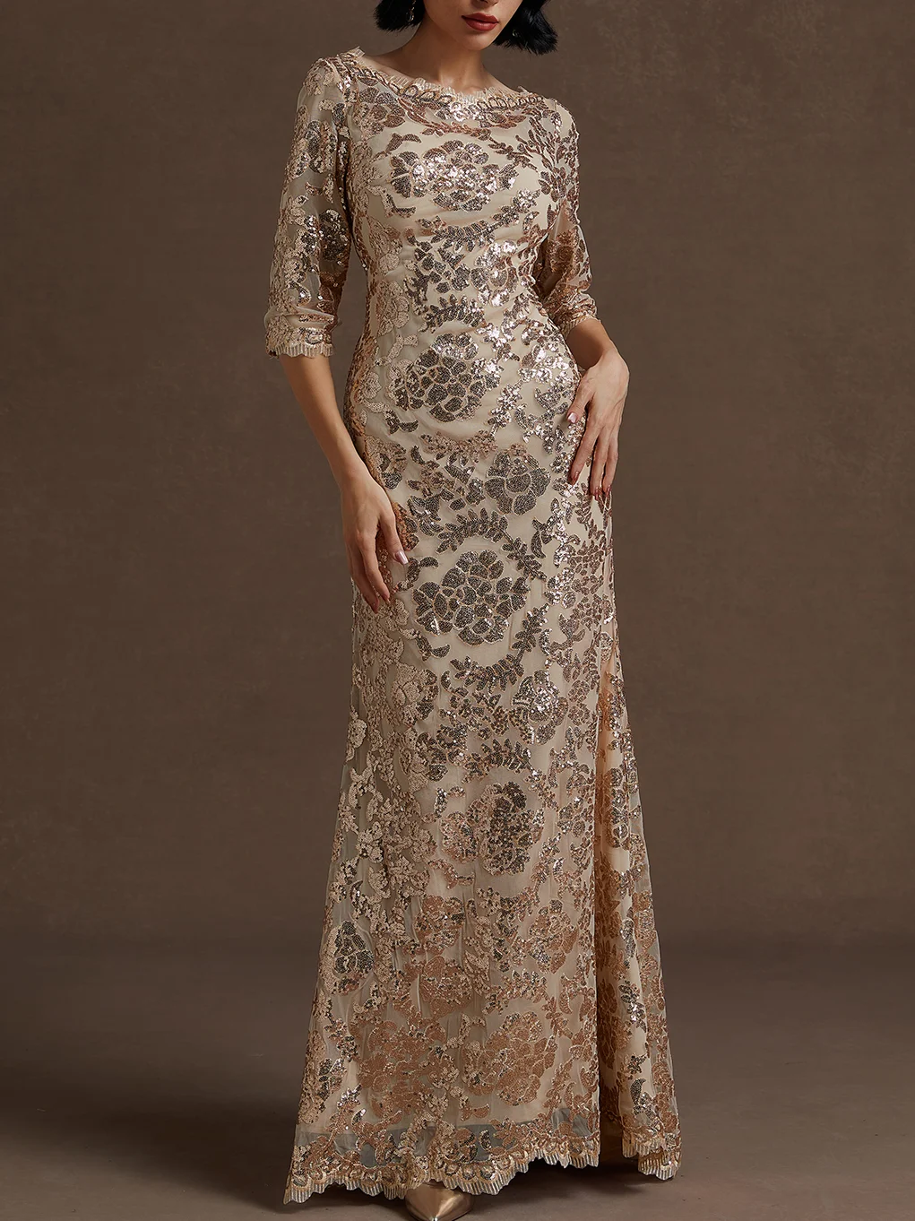 Rose Gold Sequin Crew Neck Three Quarter Sleeve Sheath Gown
