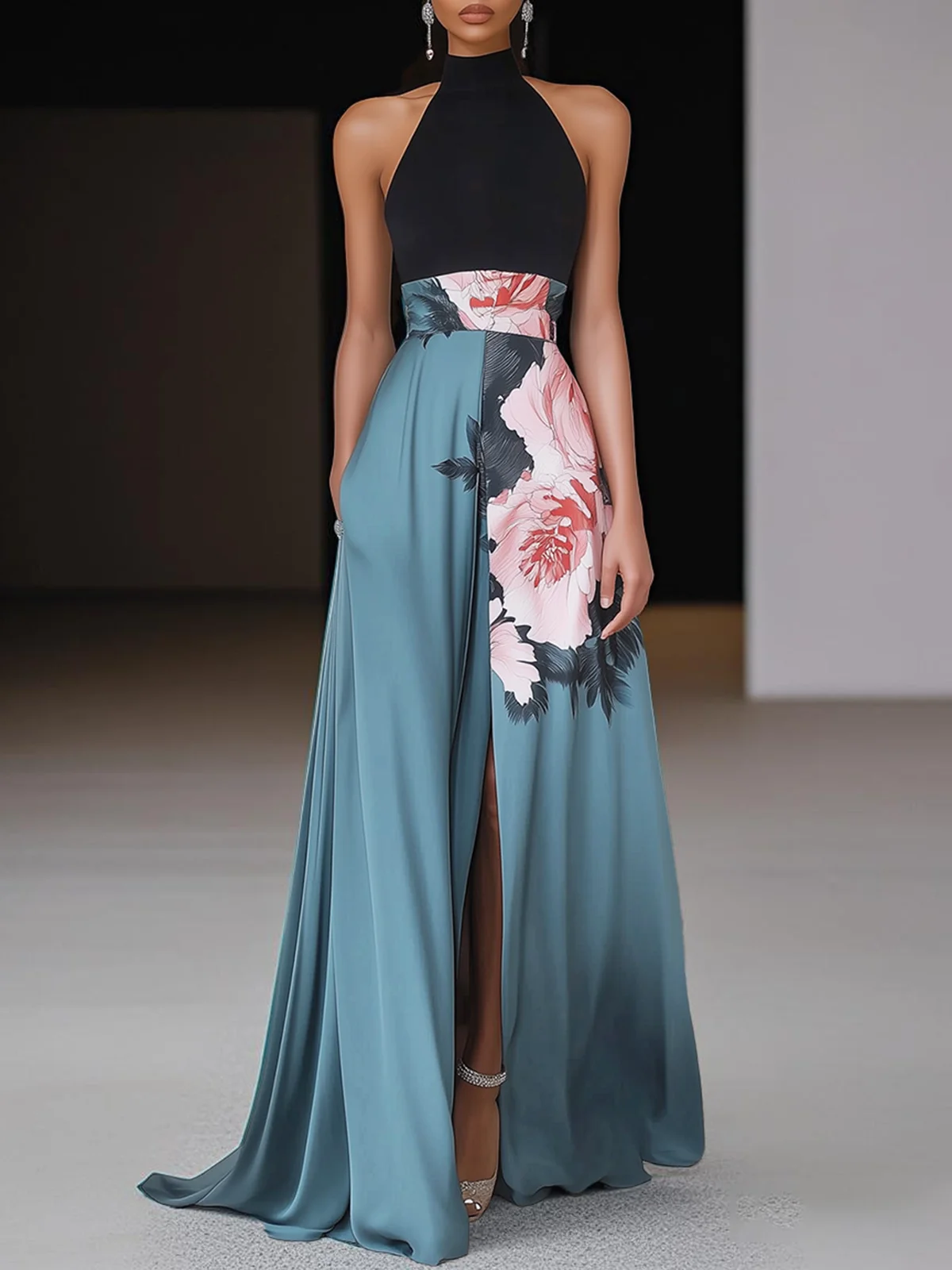 Black Slit Floral Classic Crew Neck Sleeveless A-Line Maxi Dress