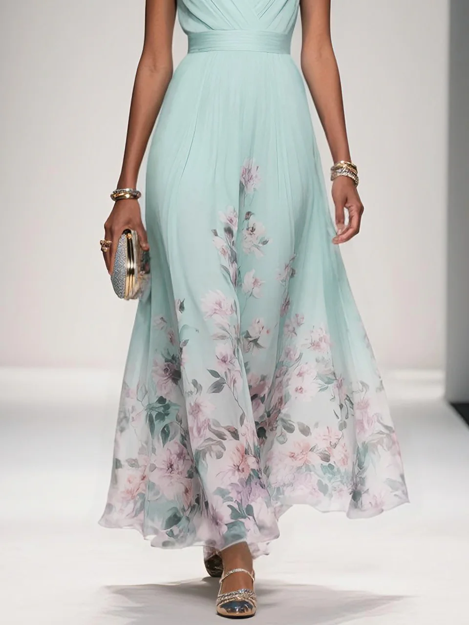 Light Blue Floral Chiffon V Neck Sleeveless A-Line Maxi Dress