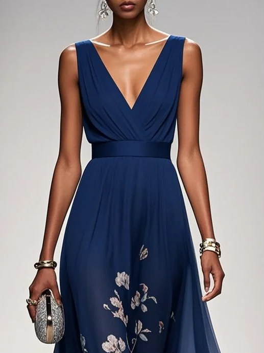 Light Blue Floral Chiffon V Neck Sleeveless A-Line Maxi Dress