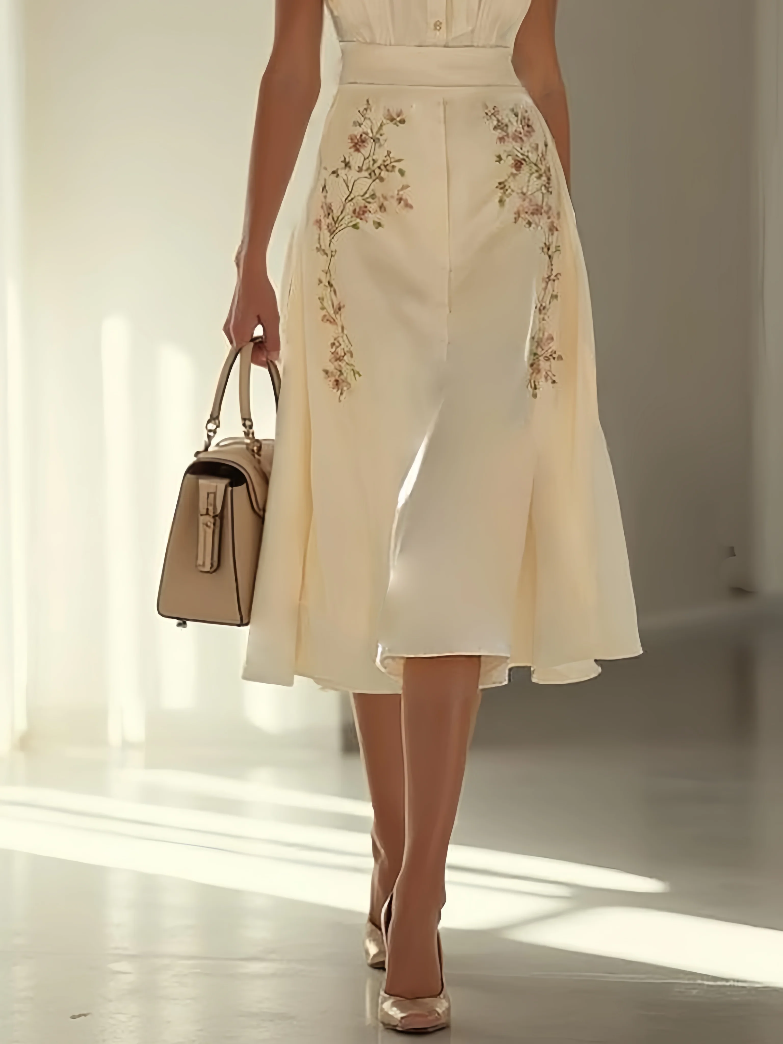Apricot Embroidery Bow Classic Shawl Collar Cap Sleeve A-Line Midi Dress