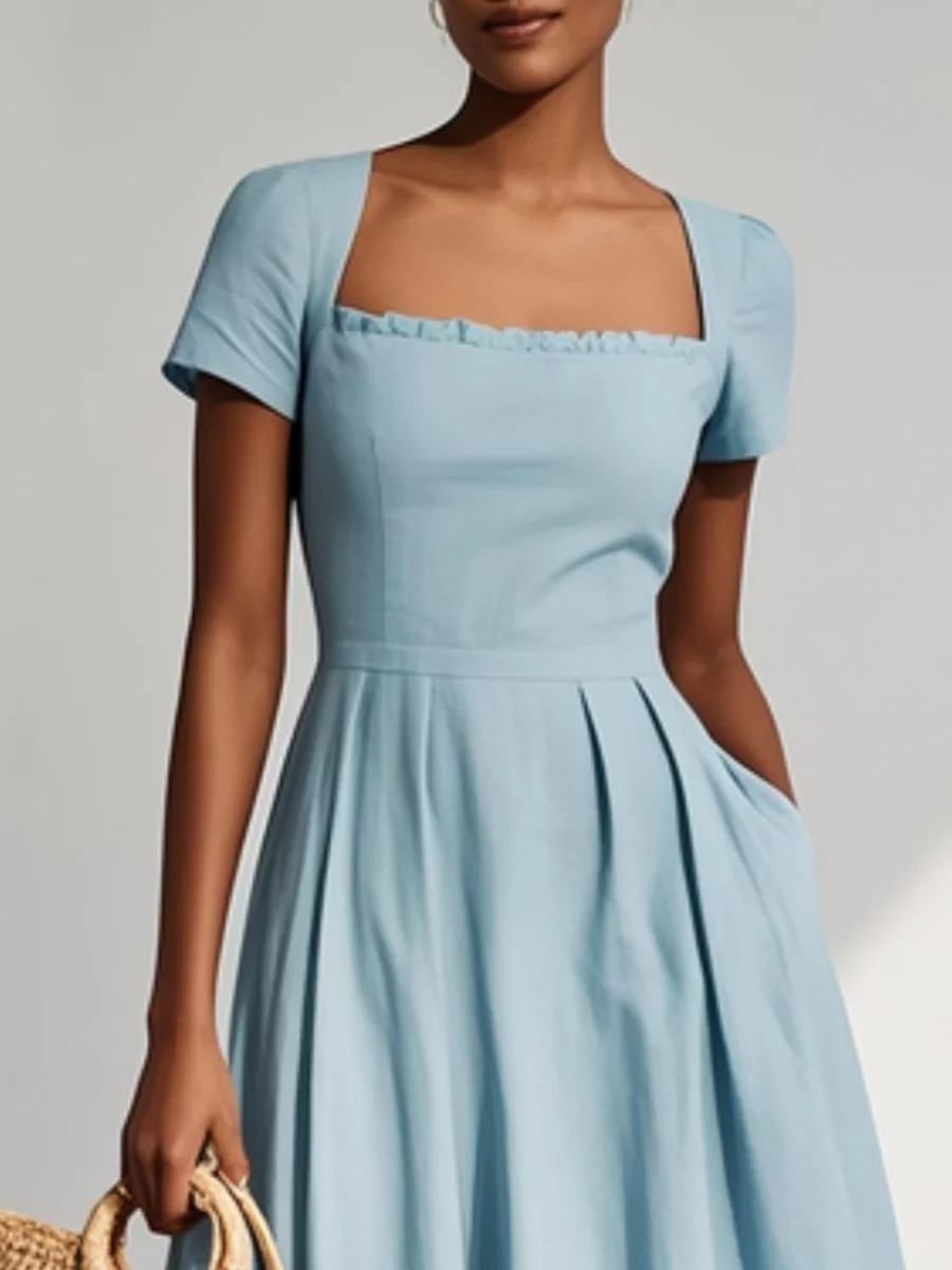 Light Blue Linen Square Neck Short Sleeve A-Line Midi Dress