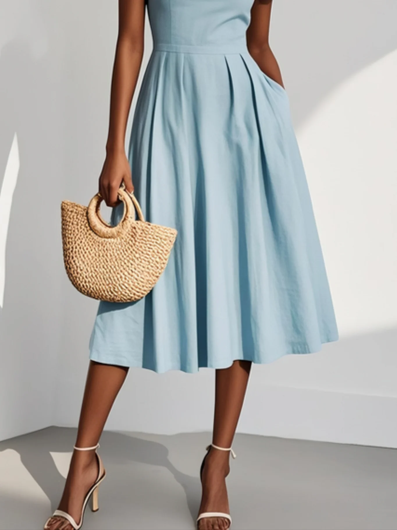 Light Blue Linen Square Neck Short Sleeve A-Line Midi Dress