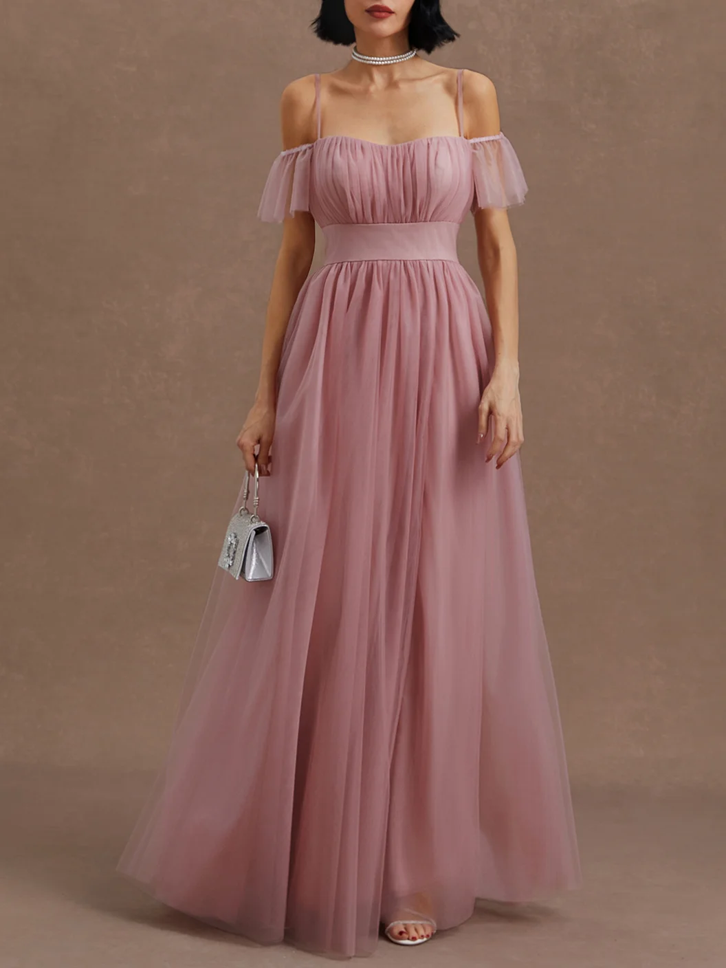 Pink Classic Off The Shoulder Short Sleeve Off Shoulder Sleeve A-Line Maxi Dress