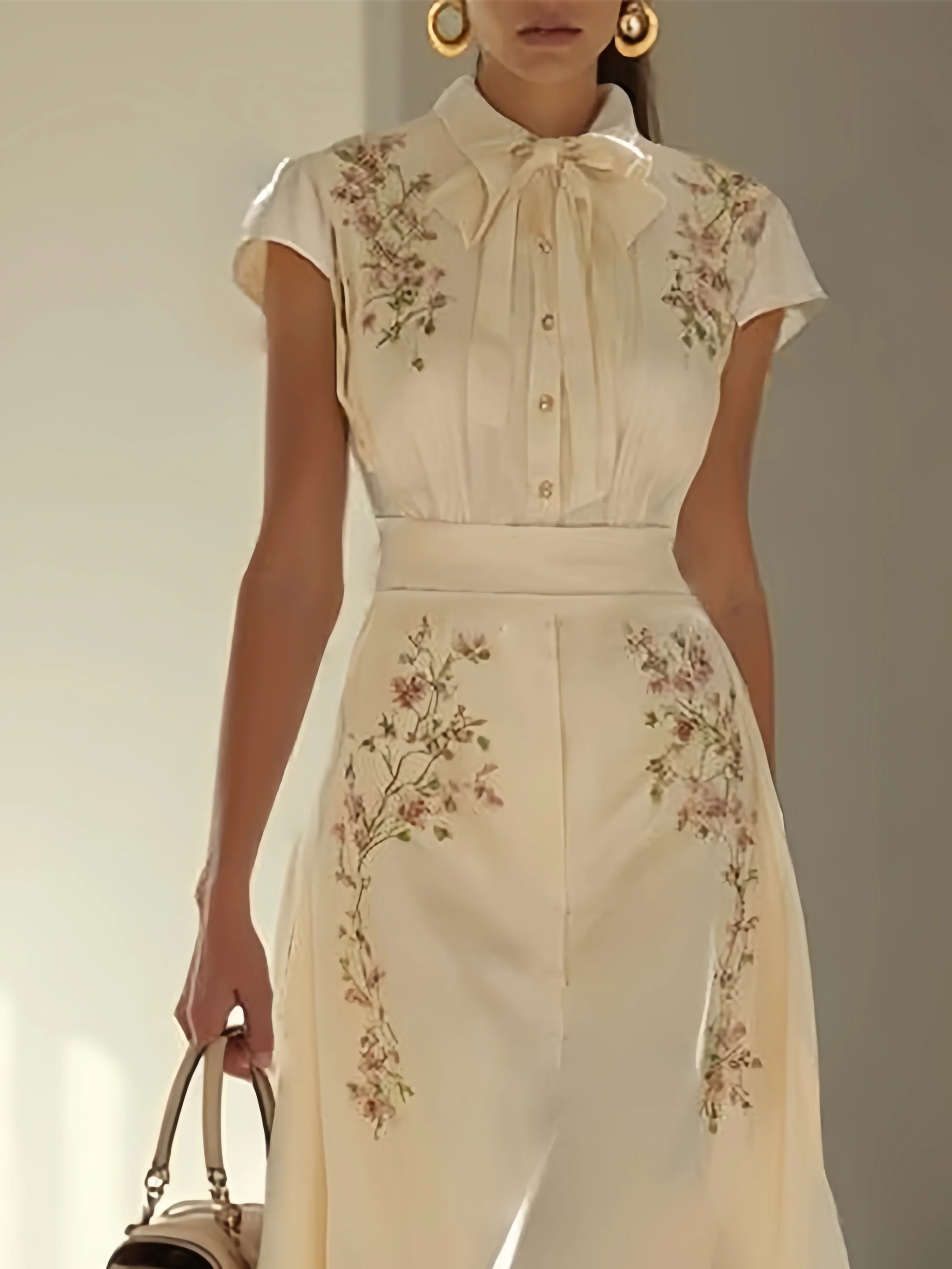 Apricot Embroidery Bow Classic Shawl Collar Cap Sleeve A-Line Midi Dress