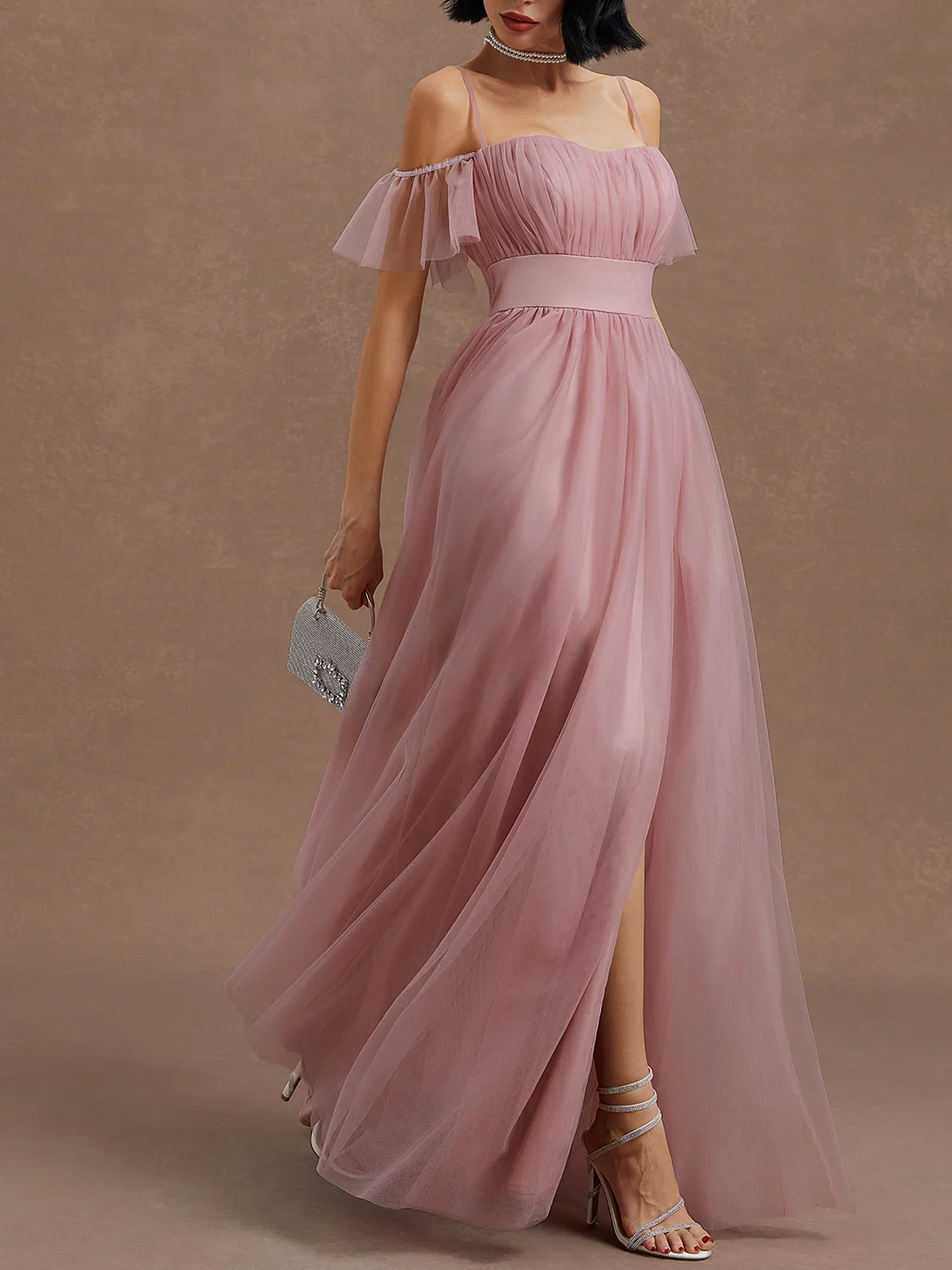 Pink Classic Off The Shoulder Short Sleeve Off Shoulder Sleeve A-Line Maxi Dress