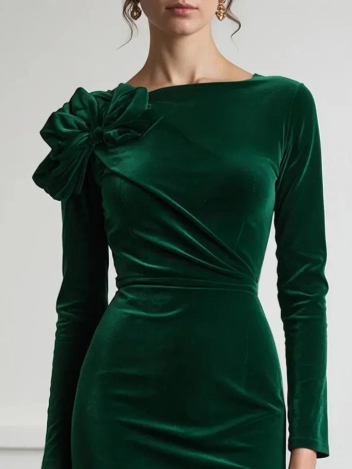 Green 3D Floral Ruched Velvet Boat Neck Long Sleeve Sheath Midi Dress