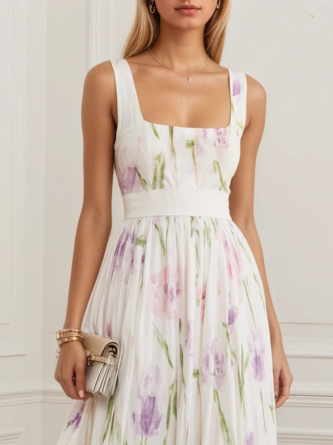White Floral Linen Crew Neck Sleeveless A-Line Maxi Dress