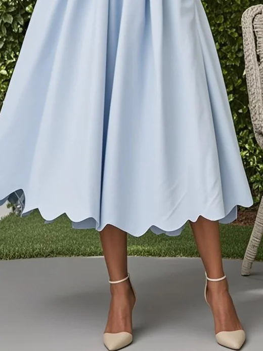 Light Blue Linen Boat Neck Cap Sleeve A-Line Midi Dress