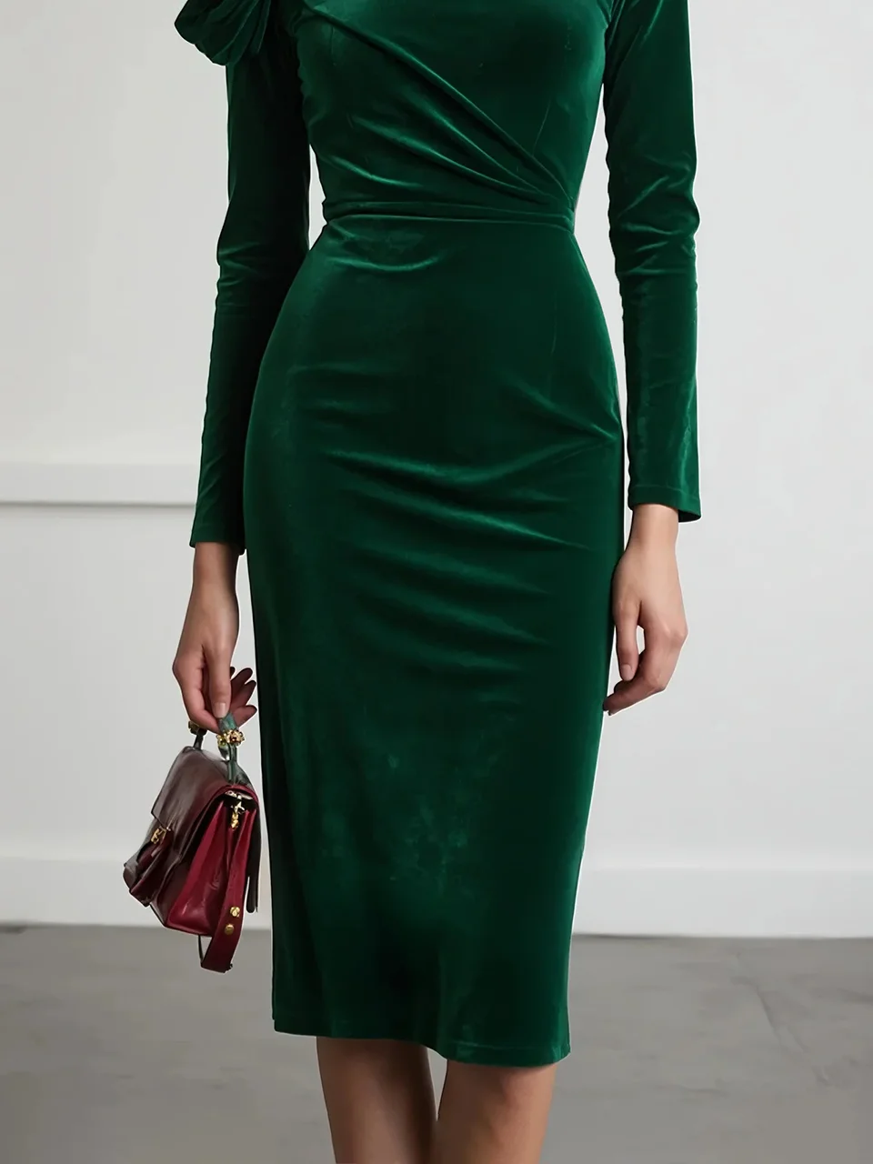 Green 3D Floral Ruched Velvet Boat Neck Long Sleeve Sheath Midi Dress