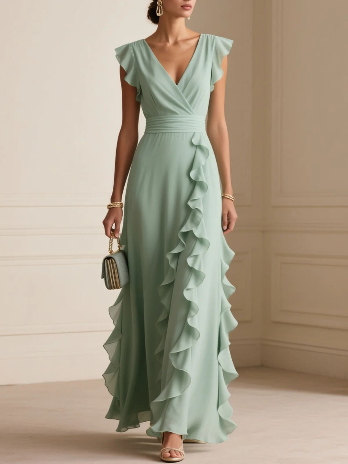 Light Green Ruffled Chiffon V Neck Cap Sleeve Ruffle Sleeve A-Line Maxi Dress