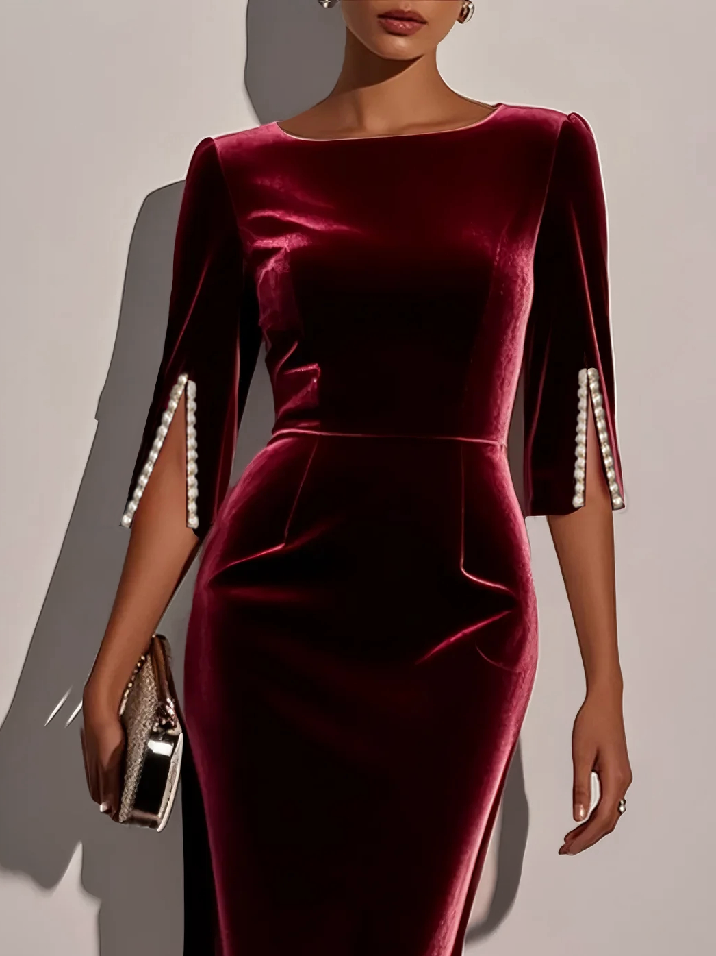 Orange Red Imitation Pearls Velvet Boat Neck Half Sleeve Sheath Midi Dress