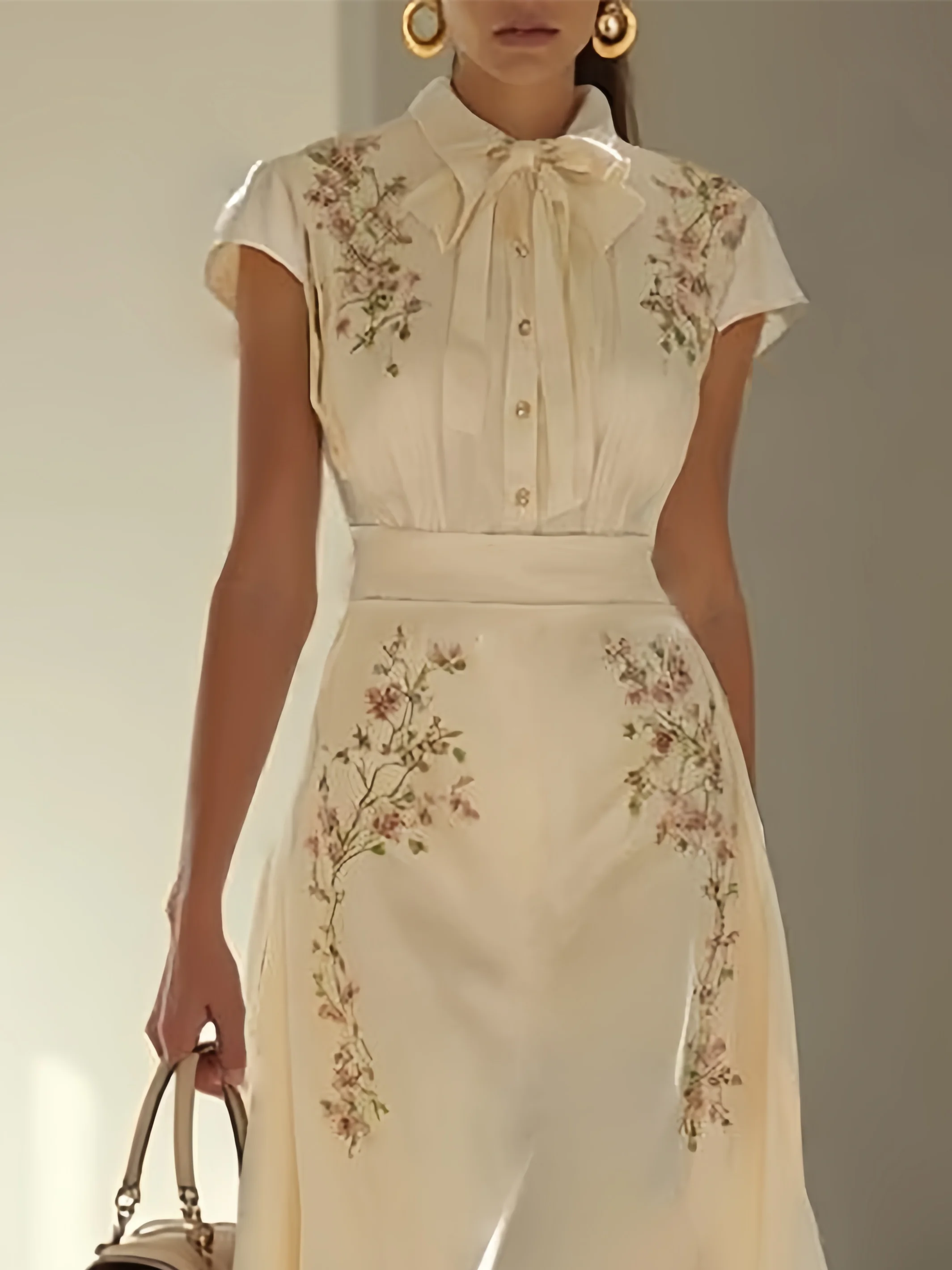 Apricot Embroidery Bow Classic Shawl Collar Cap Sleeve A-Line Midi Dress