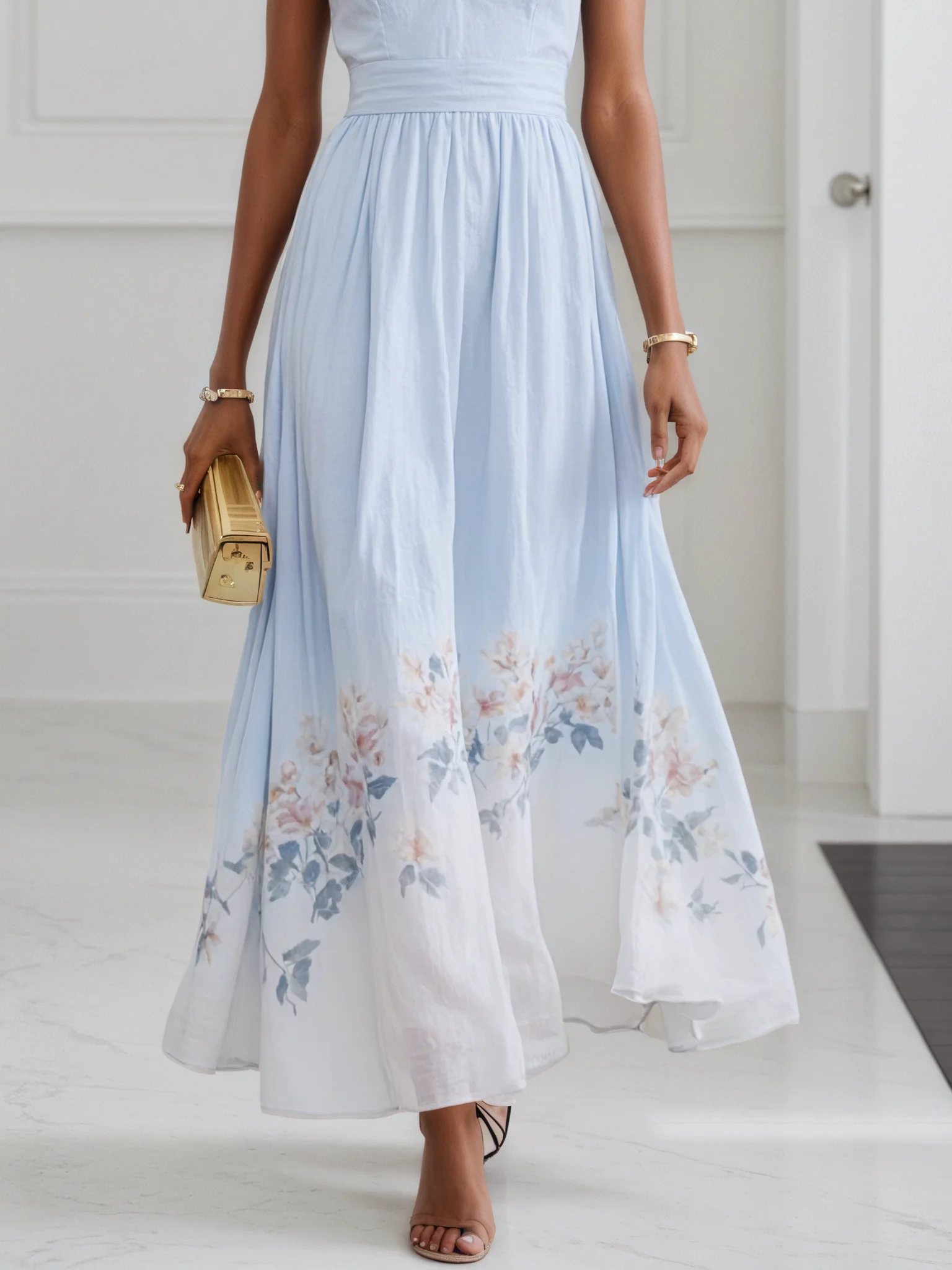 Light Blue Floral Linen V Neck Sleeveless A-Line Maxi Dress