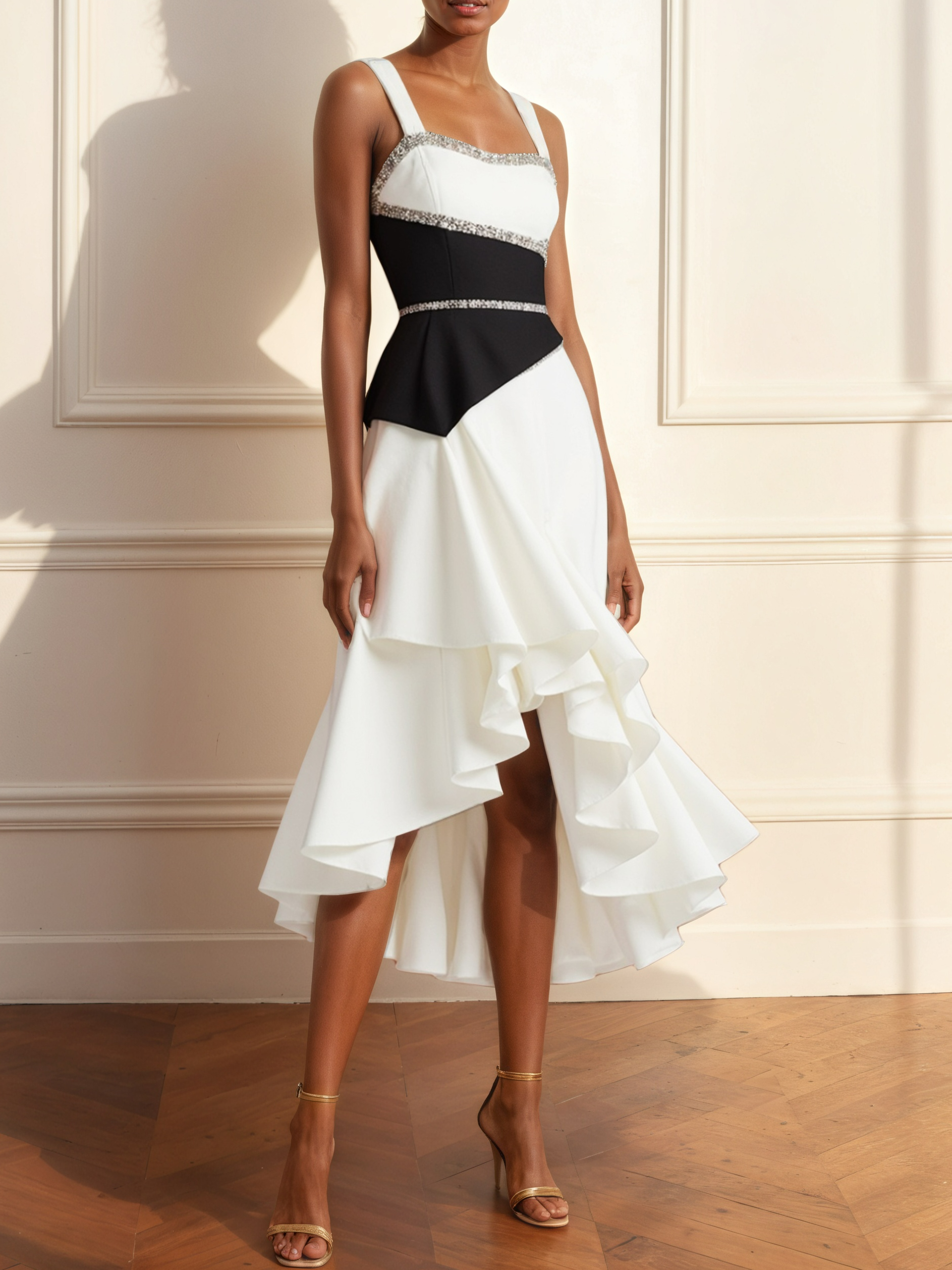 Blue Glitter Peplum Classic Spaghetti Gallus A-Line Midi Dress