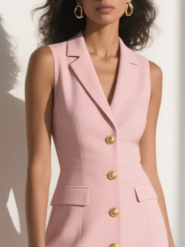 Pink Shawl Collar Sleeveless A-Line Midi Blazer Dress