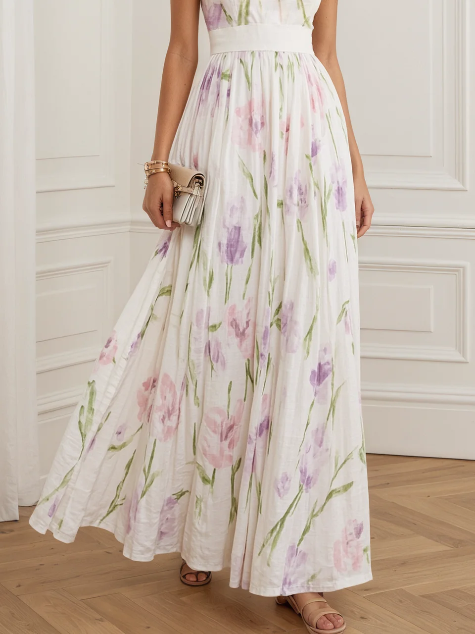 White Floral Linen Crew Neck Sleeveless A-Line Maxi Dress
