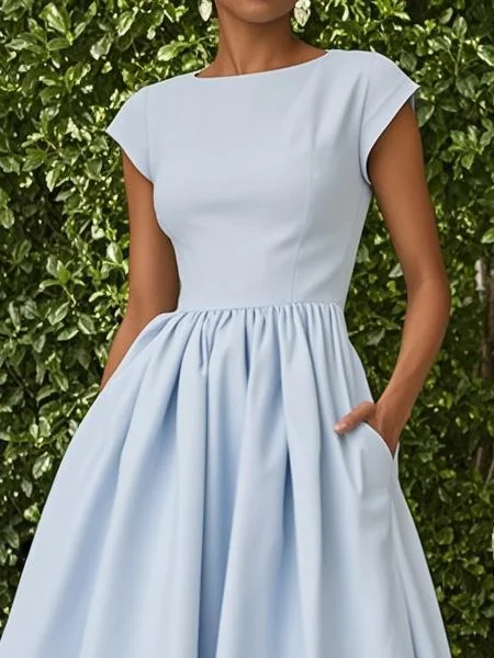 Light Blue Linen Boat Neck Cap Sleeve A-Line Midi Dress