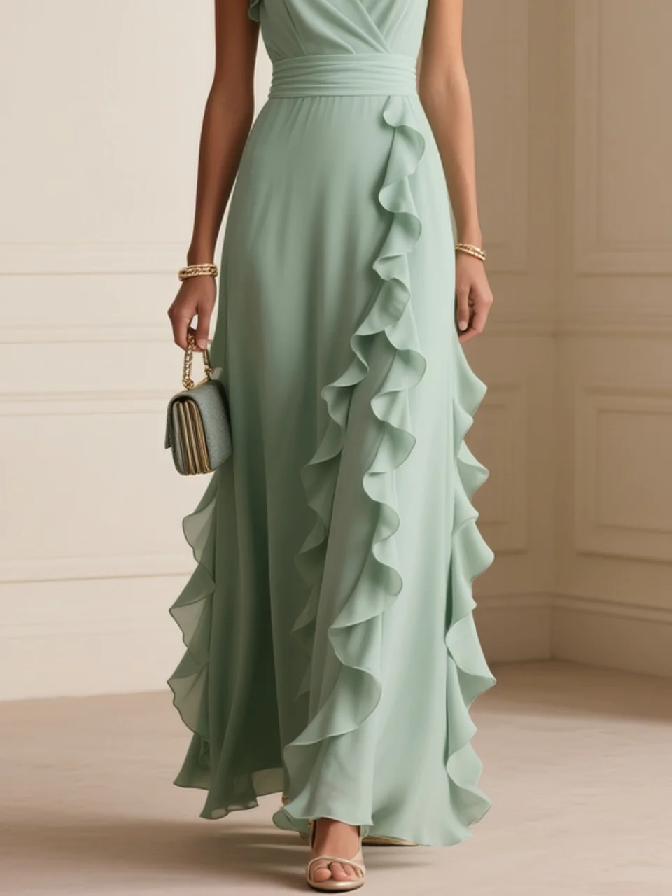 Light Green Ruffled Chiffon V Neck Cap Sleeve Ruffle Sleeve A-Line Maxi Dress