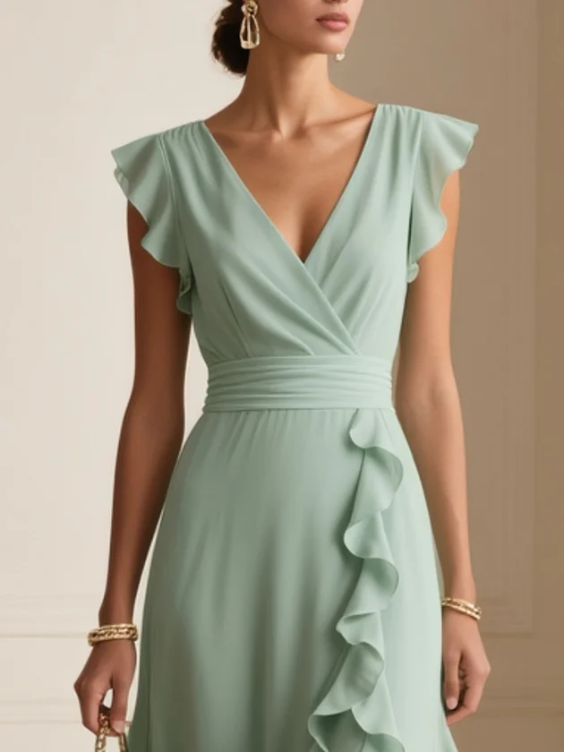Light Green Ruffled Chiffon V Neck Cap Sleeve Ruffle Sleeve A-Line Maxi Dress