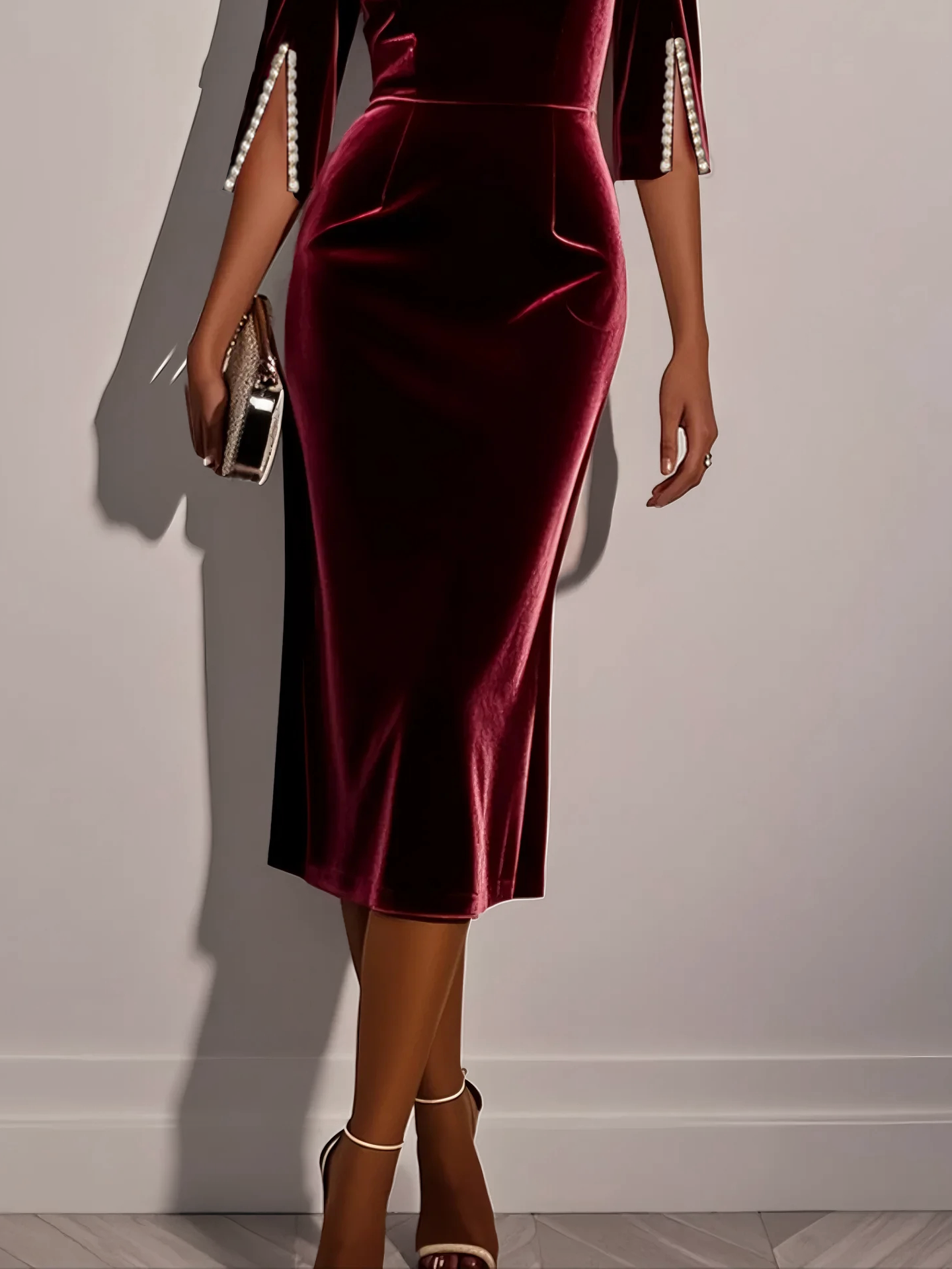 Orange Red Imitation Pearls Velvet Boat Neck Half Sleeve Sheath Midi Dress