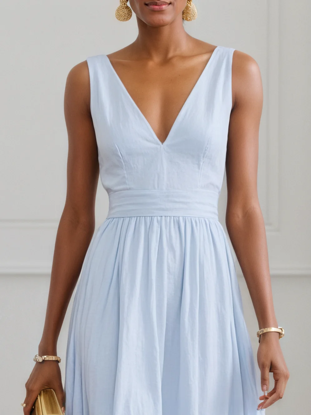 Light Blue Floral Linen V Neck Sleeveless A-Line Maxi Dress
