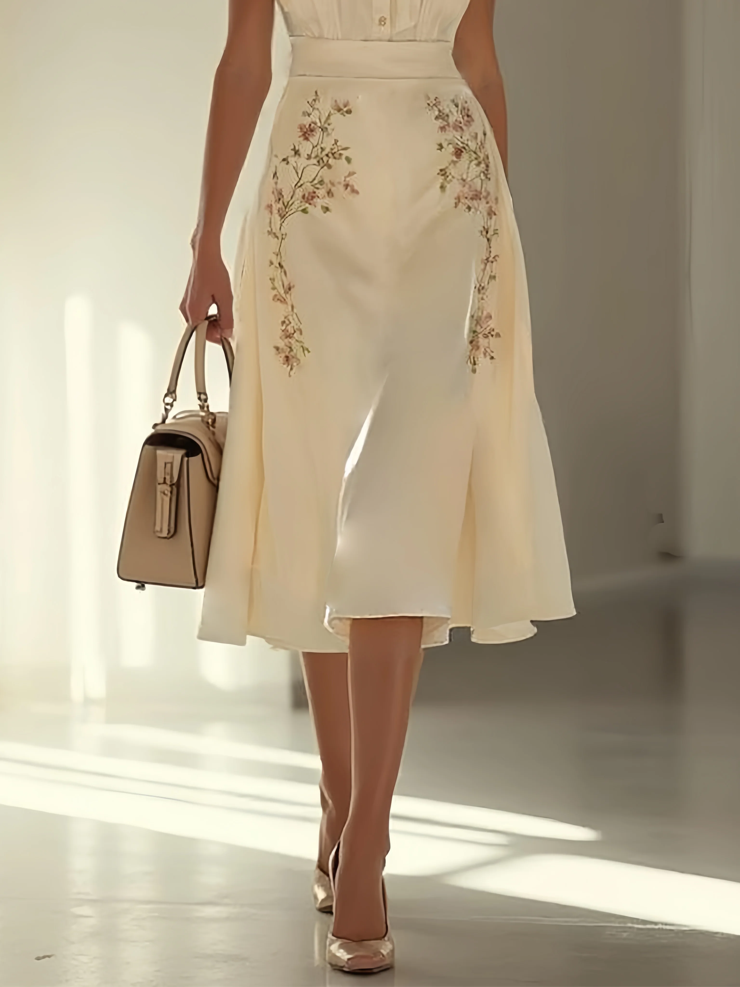 Apricot Embroidery Bow Classic Shawl Collar Cap Sleeve A-Line Midi Dress