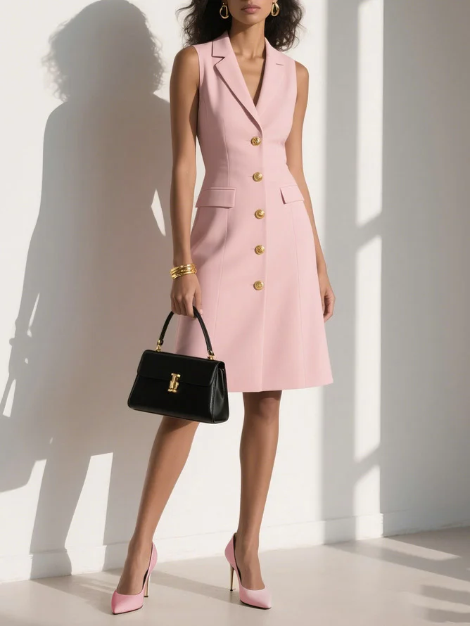 Pink Shawl Collar Sleeveless A-Line Midi Blazer Dress