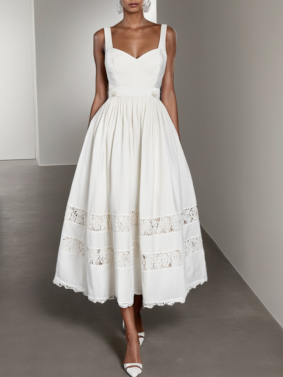 White Lace Beaded Spaghetti Sleeveless A-Line Midi Dress