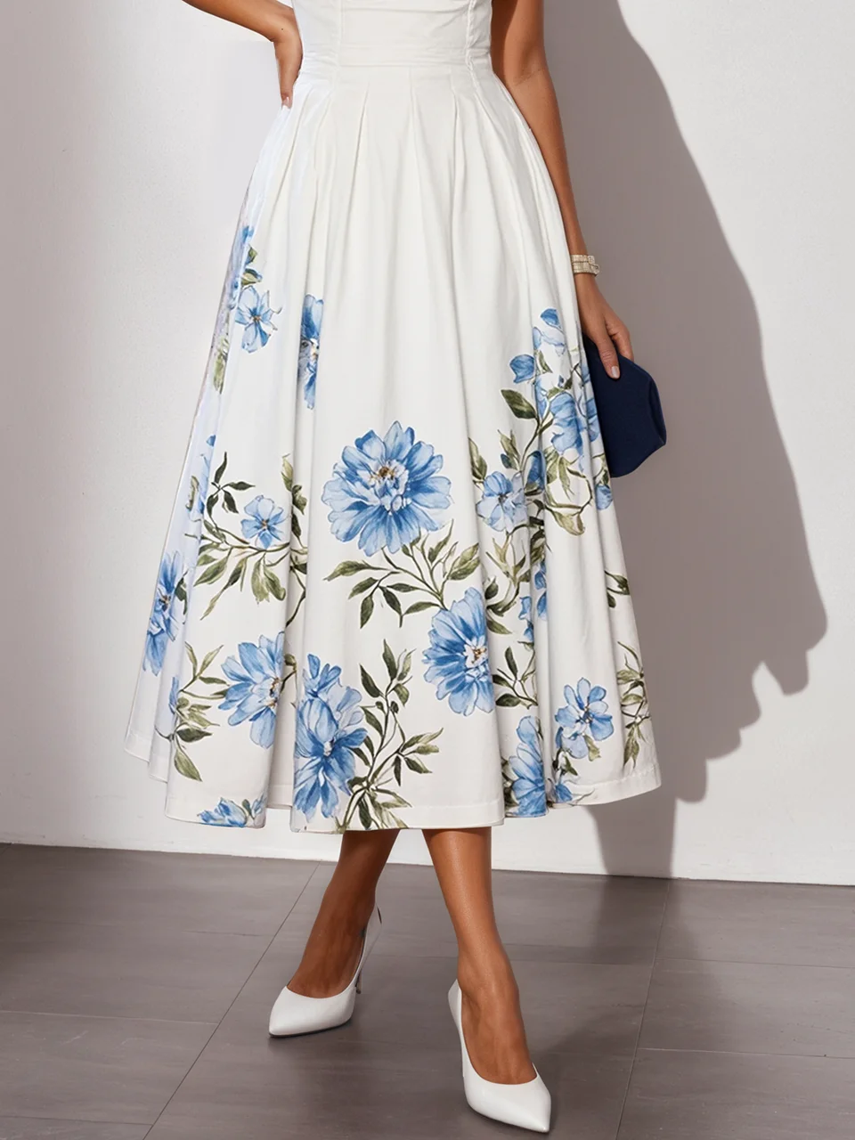 White Floral Classic Square Neck Sleeveless A-Line Midi Dress