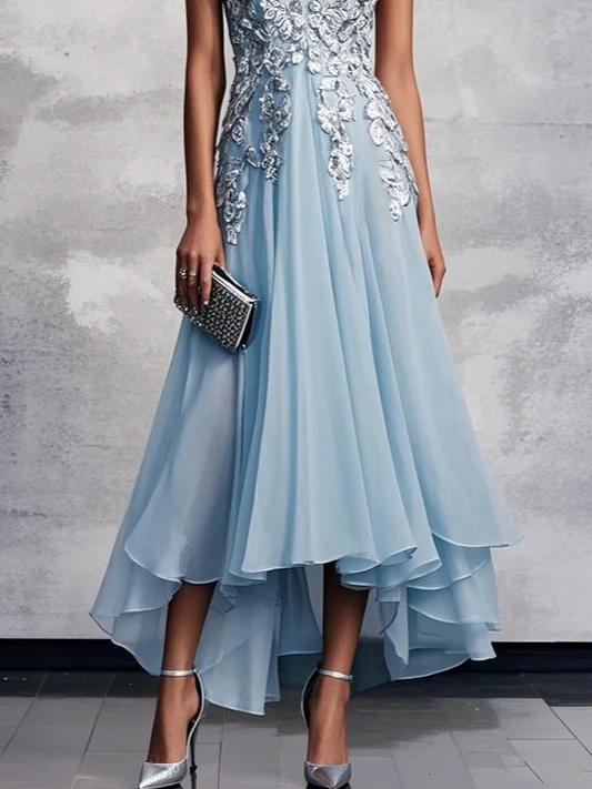 Light Blue Prom Lace Asymmetric Chiffon V Neck Sleeveless A-Line Maxi Homecoming Dress