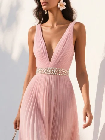 Pink Pleated Floral Deep V Neck A-Line Maxi Chiffon Dress