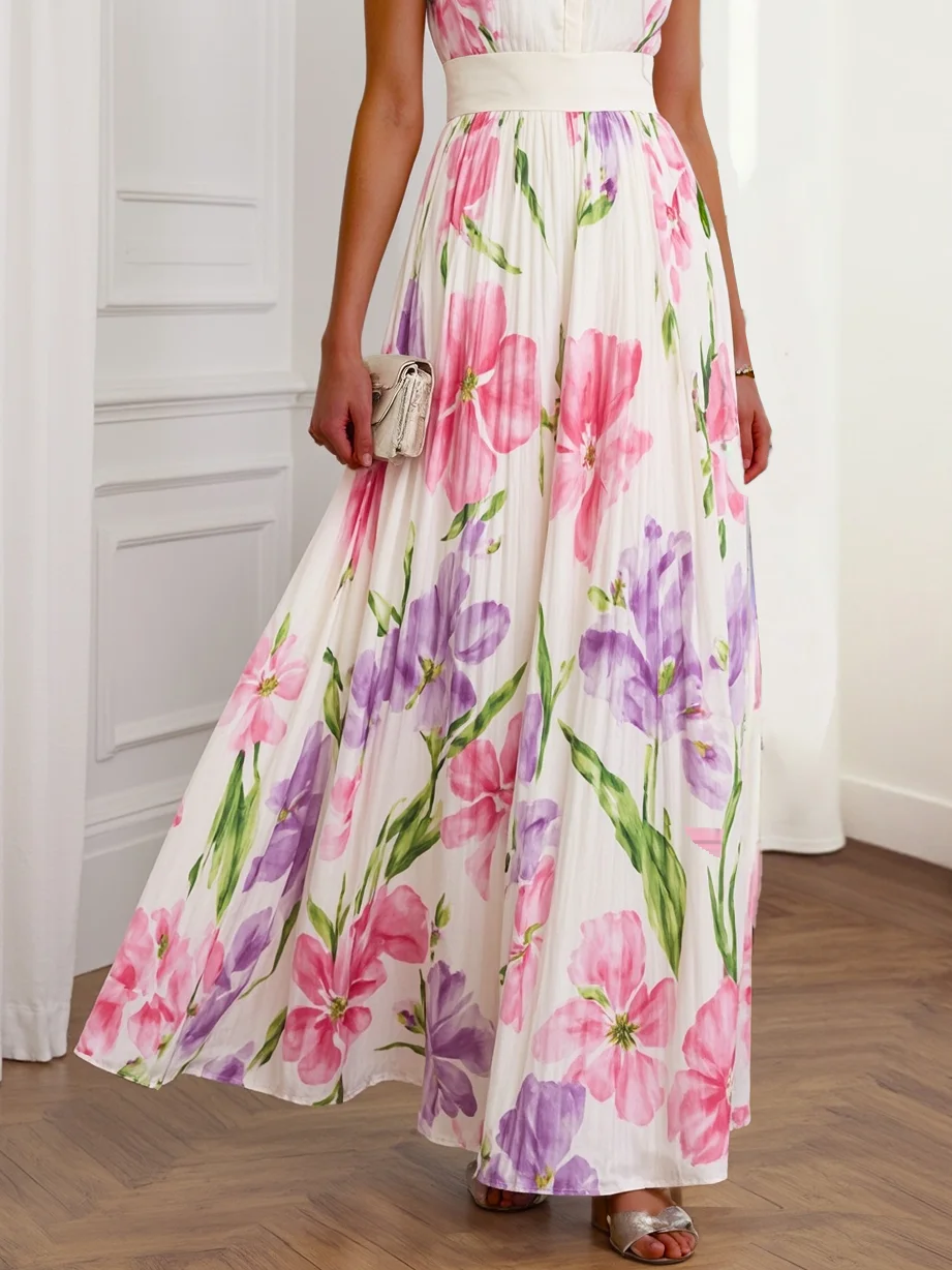 Pink Pleated Chiffon Crew Neck Sleeveless A-Line Maxi Dress