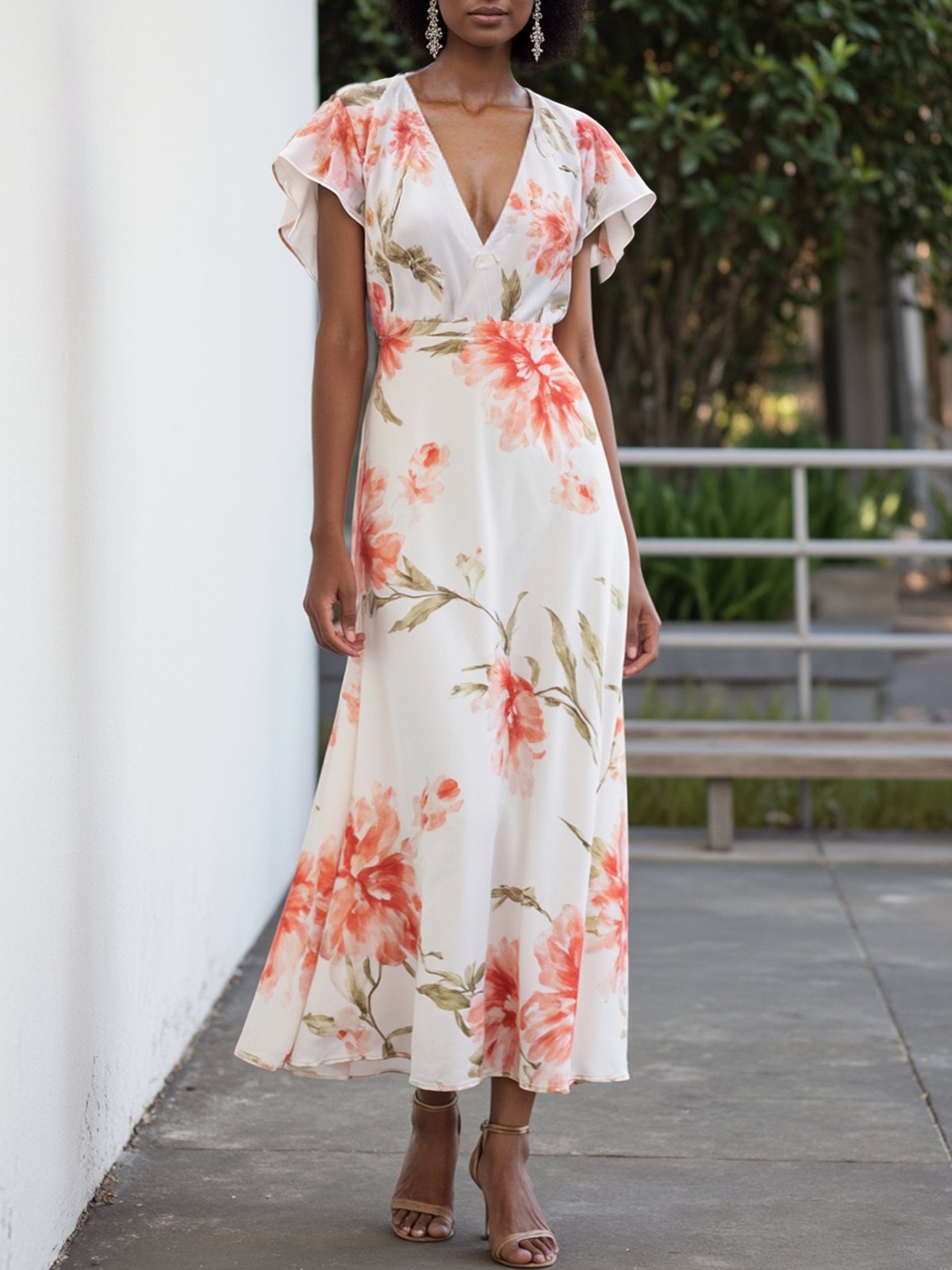 Orange Red Chiffon V Neck Short Sleeve Bell Sleeve A-Line Midi Dress