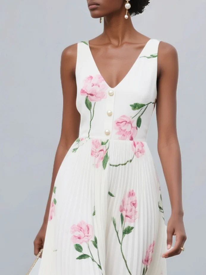 White Pleated Floral Chiffon V Neck Sleeveless A-Line Maxi Dress