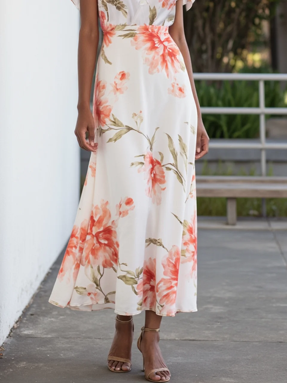 Orange Red Chiffon V Neck Short Sleeve Bell Sleeve A-Line Midi Dress