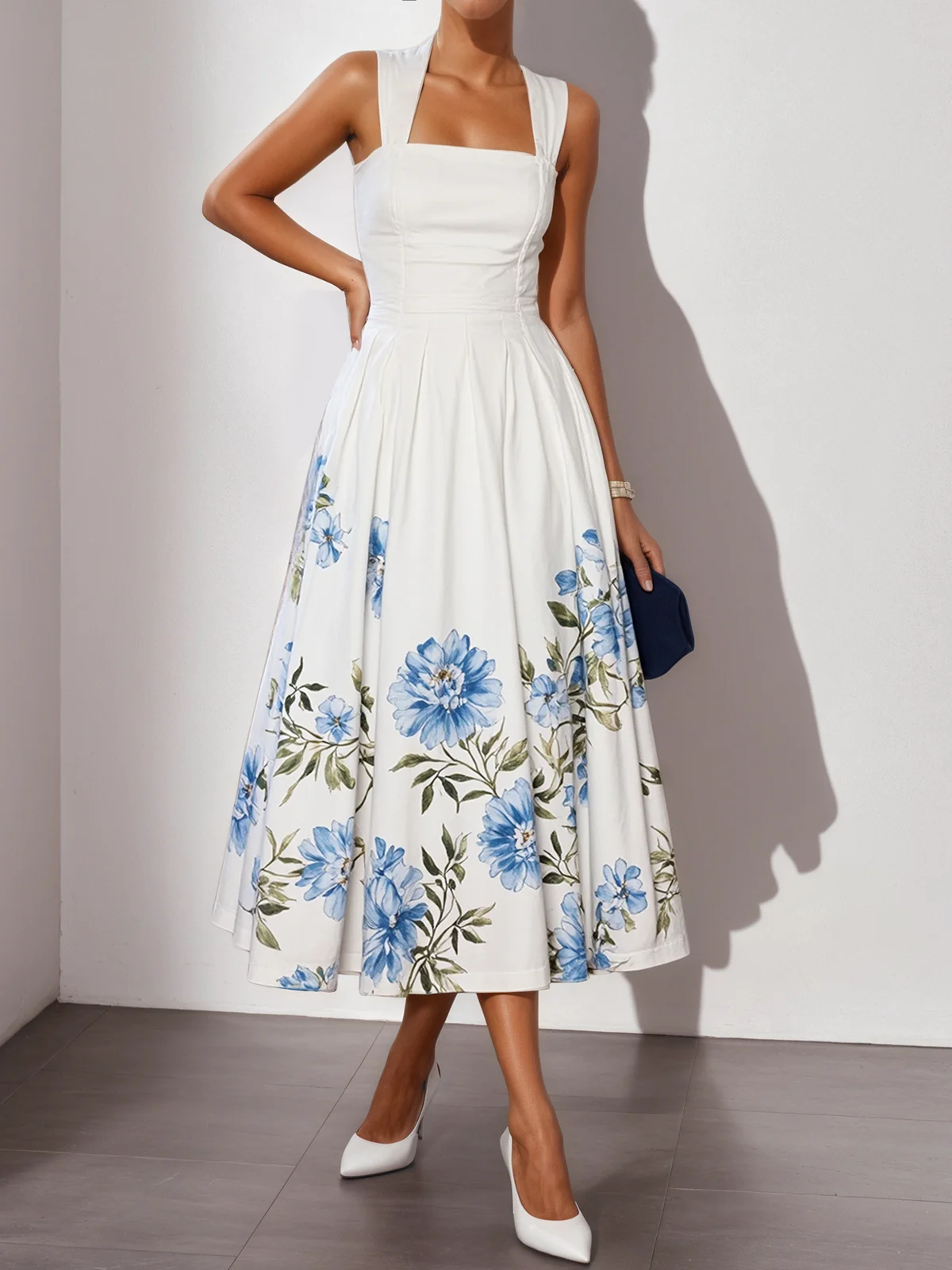 White Floral Classic Square Neck Sleeveless A-Line Midi Dress