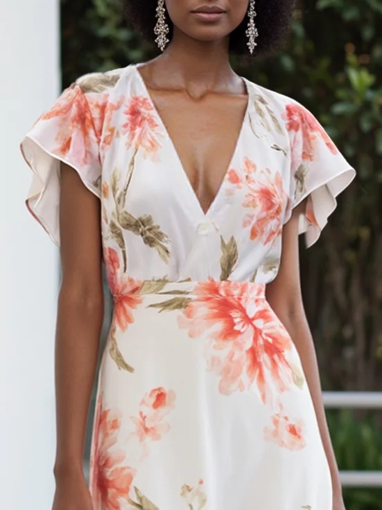 Orange Red Chiffon V Neck Short Sleeve Bell Sleeve A-Line Midi Dress