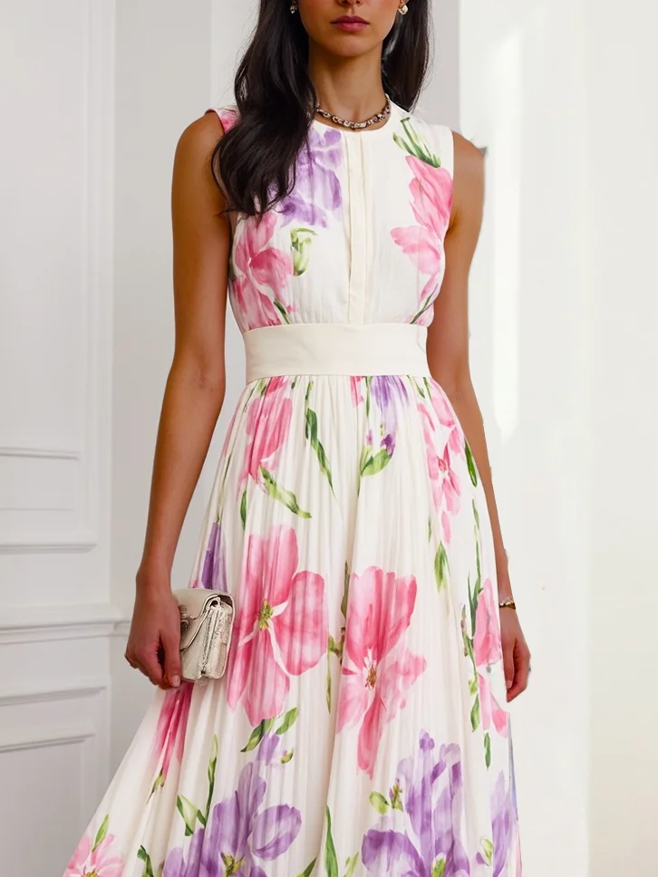 Pink Pleated Chiffon Crew Neck Sleeveless A-Line Maxi Dress