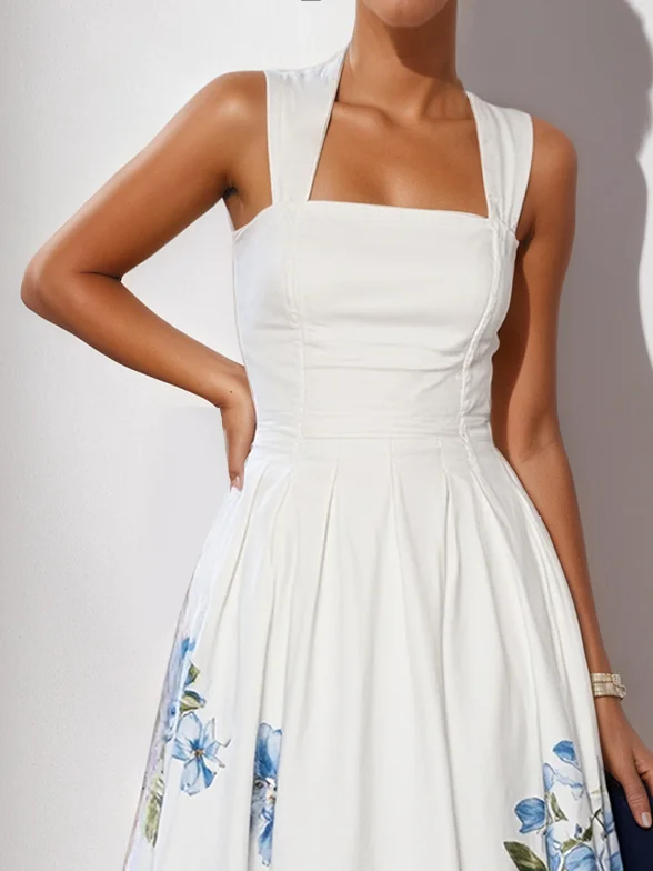 White Floral Classic Square Neck Sleeveless A-Line Midi Dress