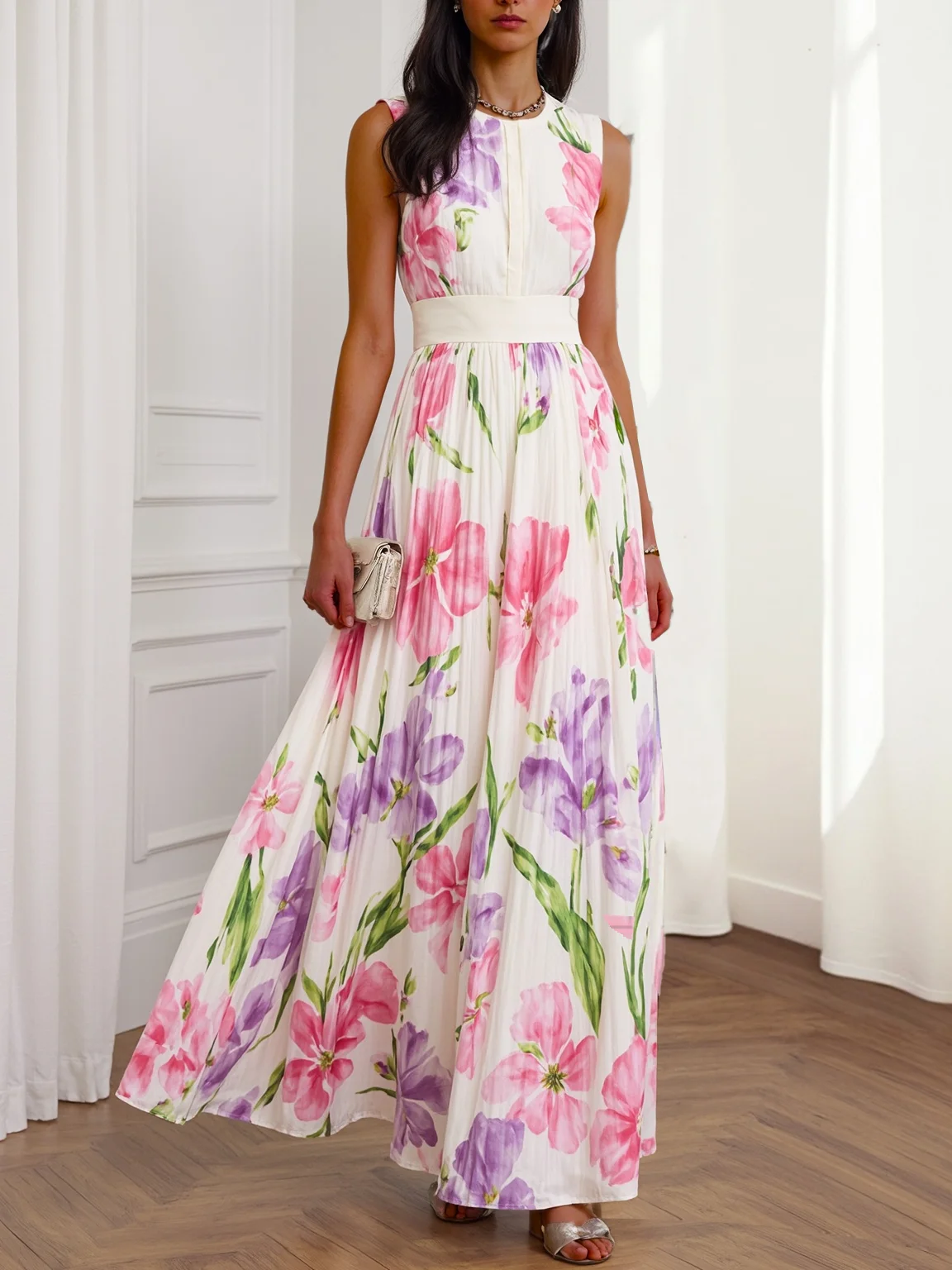Pink Pleated Chiffon Crew Neck Sleeveless A-Line Maxi Dress