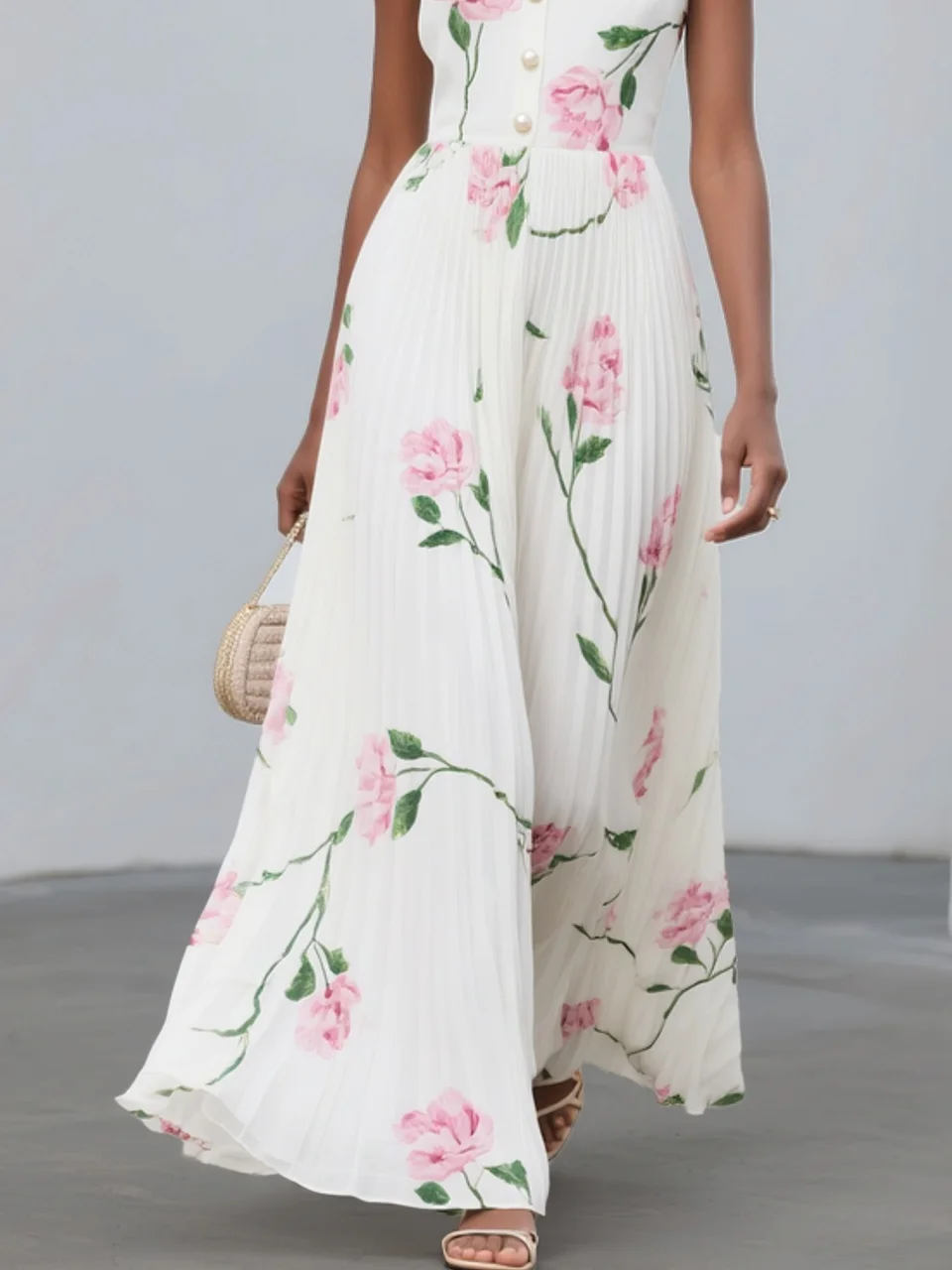 White Pleated Floral Chiffon V Neck Sleeveless A-Line Maxi Dress