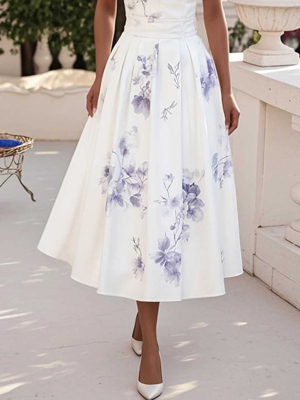 White Floral Classic V Neck Sleeveless A-Line Midi Dress