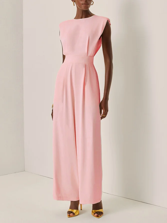 Off White Crew Neck Plain Ruched Urban Jumpsuit 