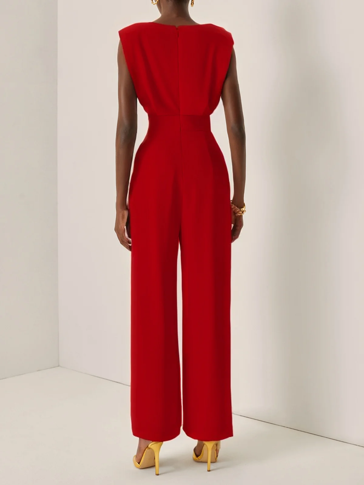 Off White Crew Neck Plain Ruched Urban Jumpsuit 