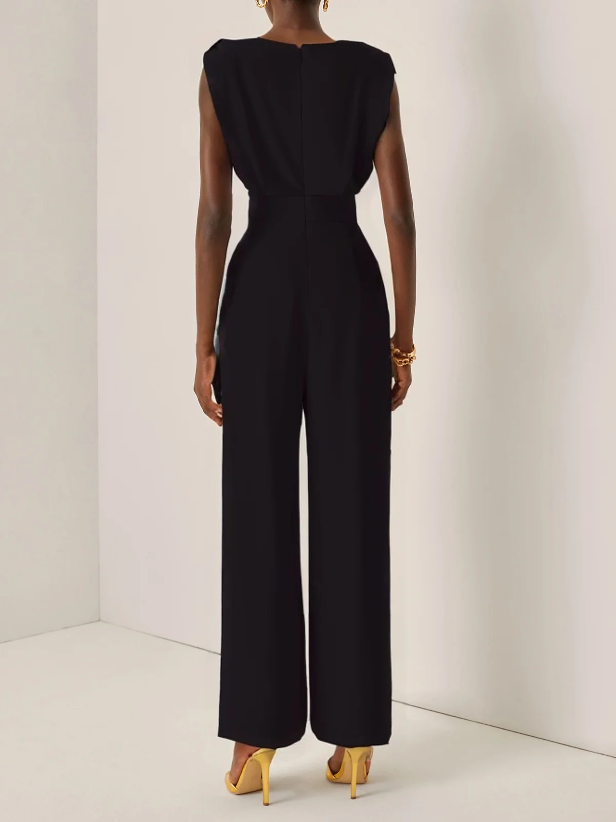 Off White Crew Neck Plain Ruched Urban Jumpsuit 
